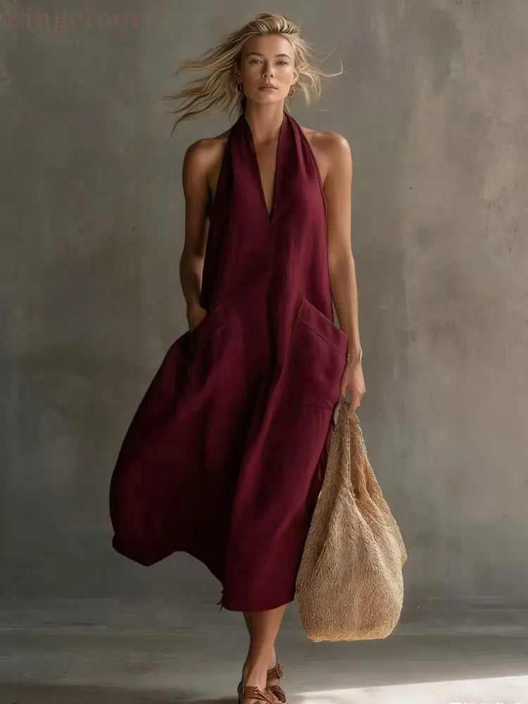 Relaxed Halter Neck Linen Midi Dress with Pockets - Burgundy / XS
