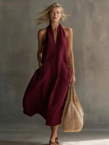 Relaxed Halter Neck Linen Midi Dress with Pockets - Burgundy / XS