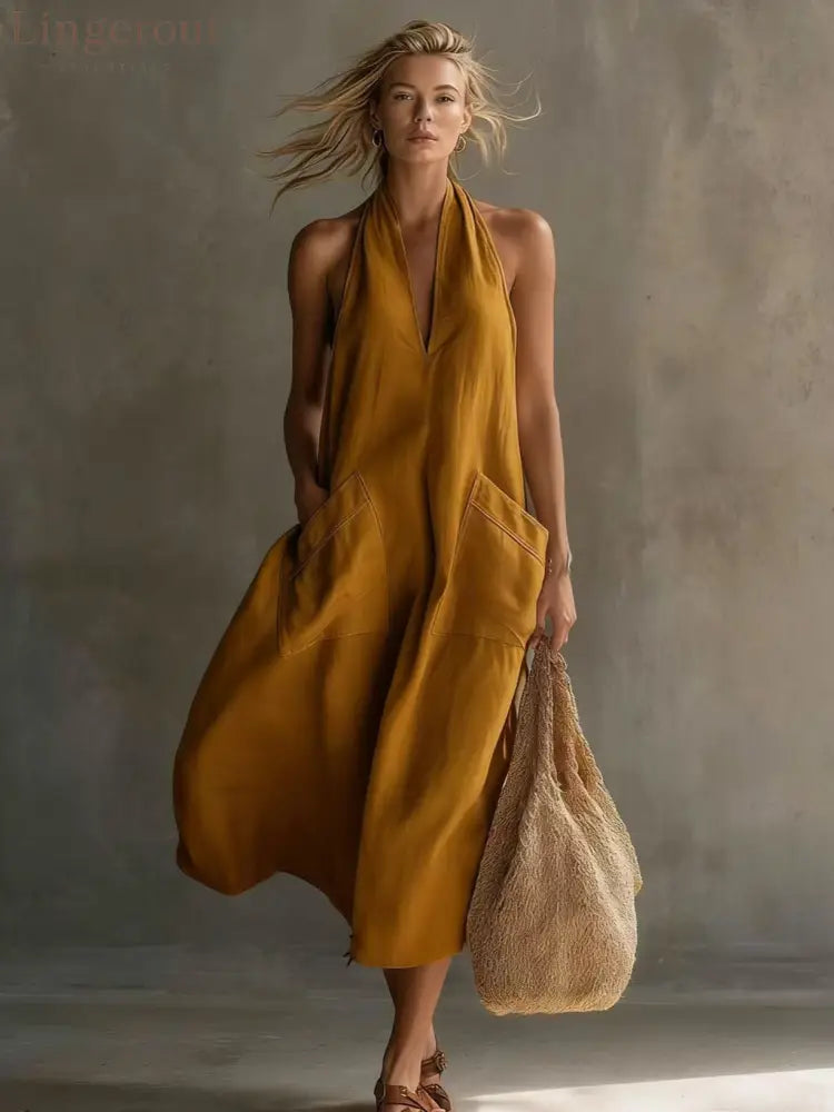 Relaxed Halter Neck Linen Midi Dress with Pockets - Orange / XS