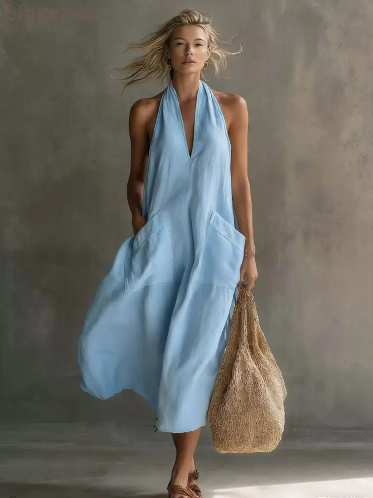 Relaxed Halter Neck Linen Midi Dress with Pockets - Sky blue / XS