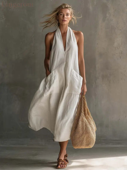 Relaxed Halter Neck Linen Midi Dress with Pockets - White / XS