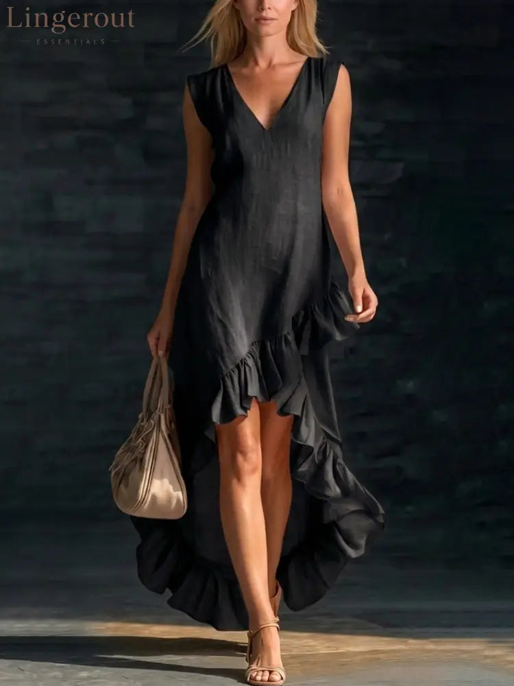 Romantic V-Neck Ruffle Dress - Black / S
