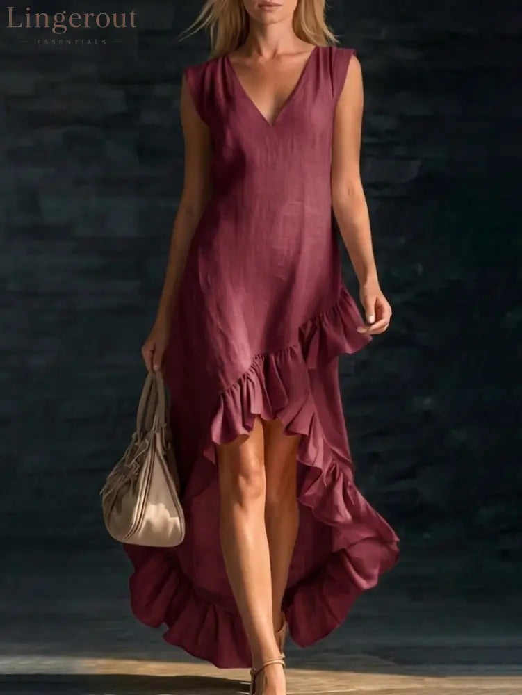 Romantic V-Neck Ruffle Dress - Claret / S