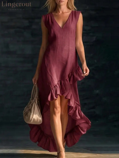 Romantic V-Neck Ruffle Dress - Claret / S
