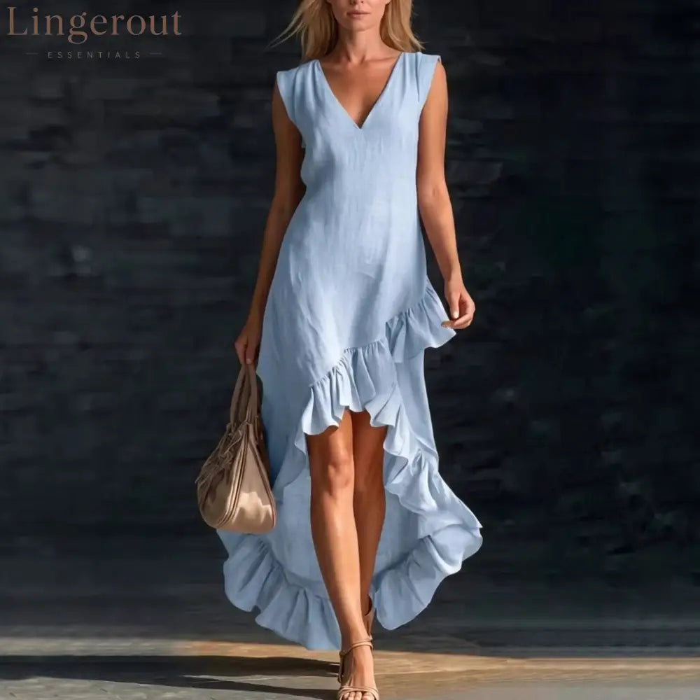 Romantic V-Neck Ruffle Dress - Light blue / S
