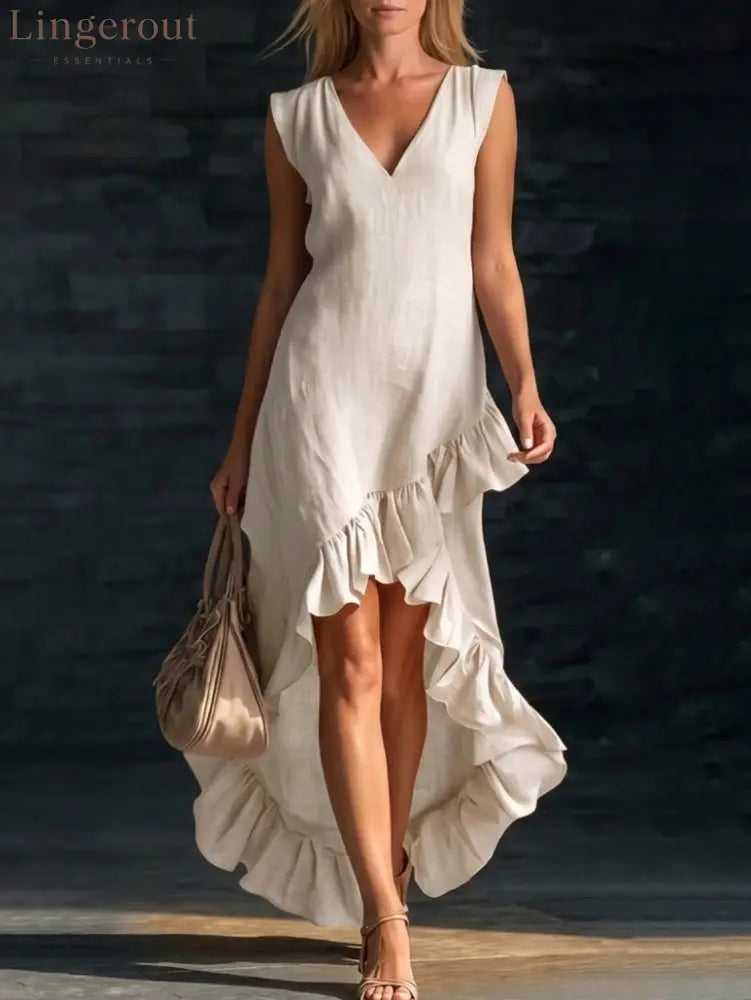 Romantic V-Neck Ruffle Dress - Off white / S