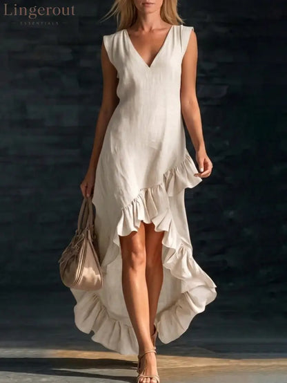 Romantic V-Neck Ruffle Dress - Off white / S