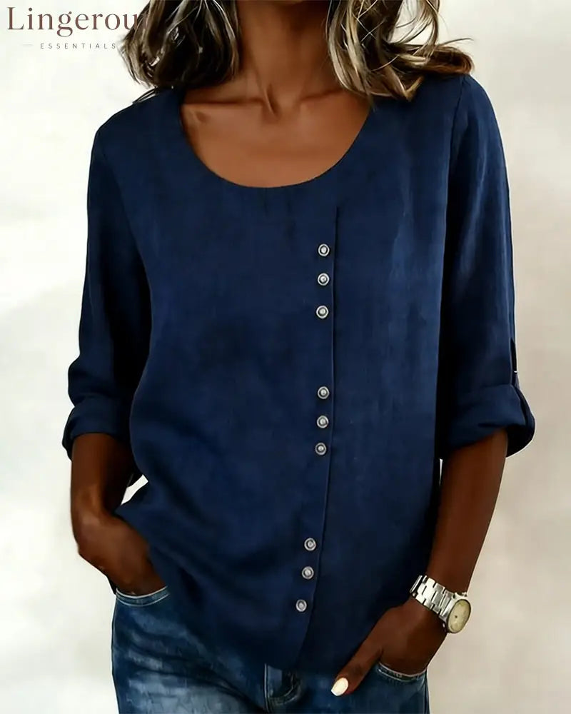 Round Neck Long Sleeve Top - Navy Blue / S