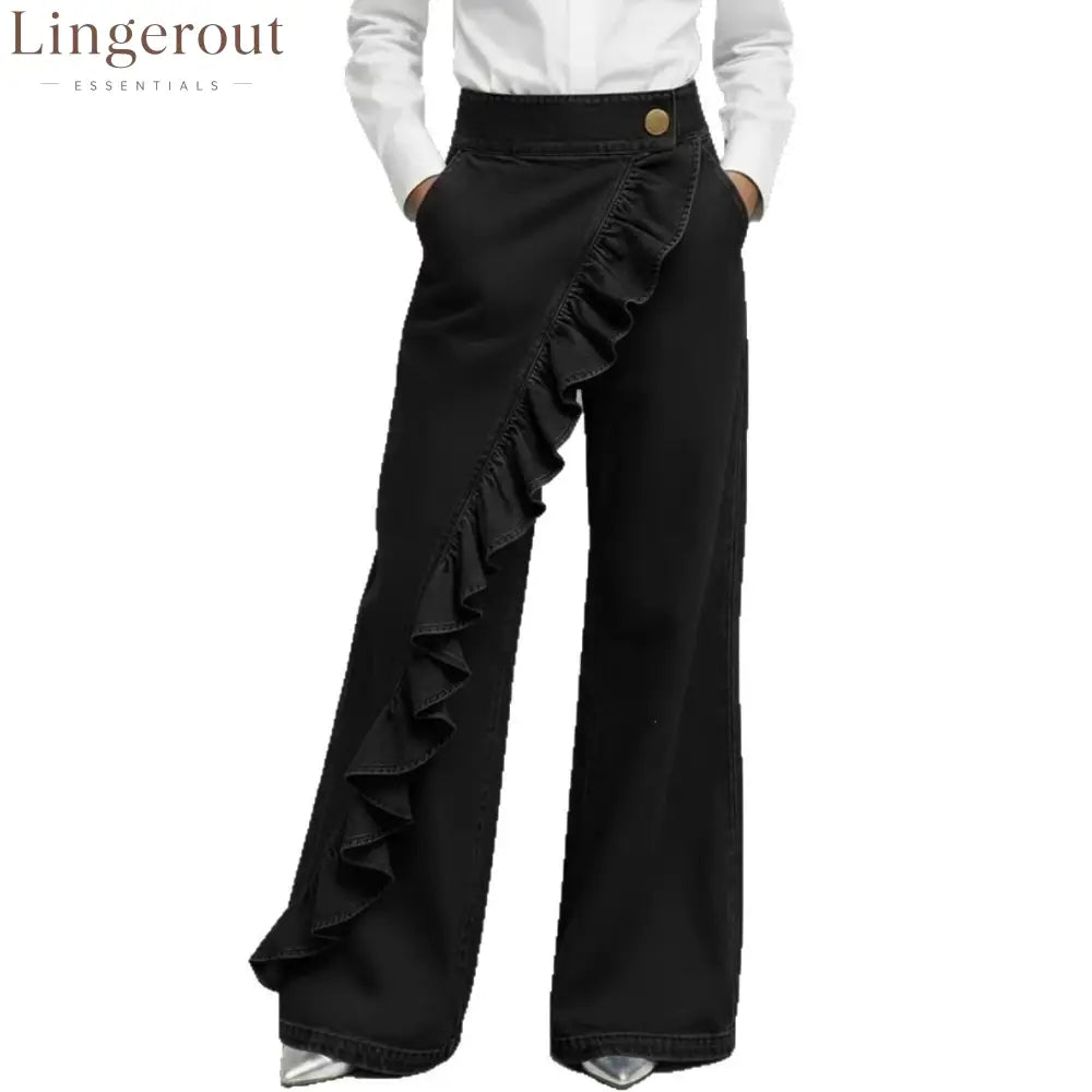 Ruffle Accent High-Waist Wide-Leg Jeans