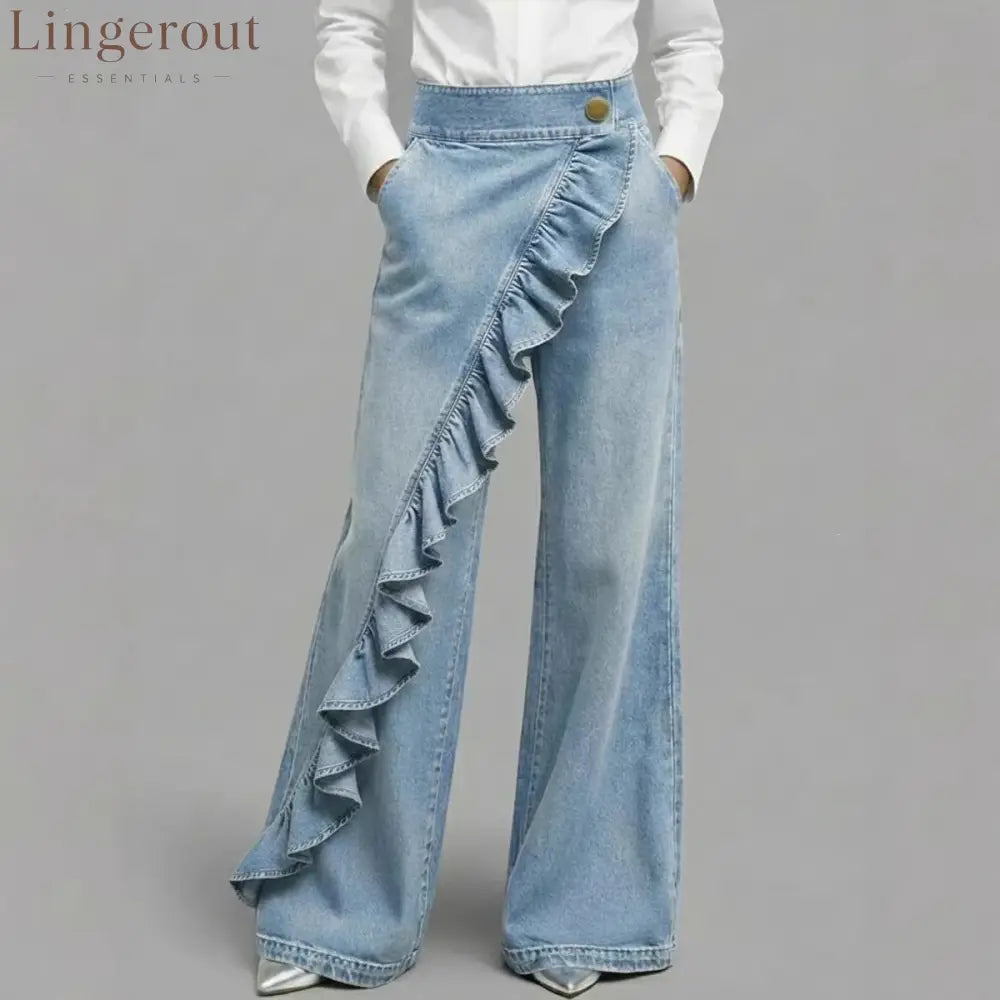 Ruffle Accent High-Waist Wide-Leg Jeans