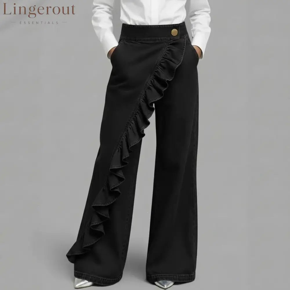 Ruffle Accent High-Waist Wide-Leg Jeans
