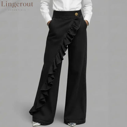 Ruffle Accent High-Waist Wide-Leg Jeans