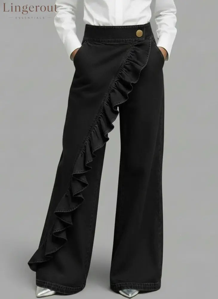 Ruffle Accent High-Waist Wide-Leg Jeans - Black / S