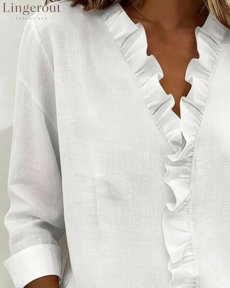 Ruffle V-Neck Long-Sleeve Blouse