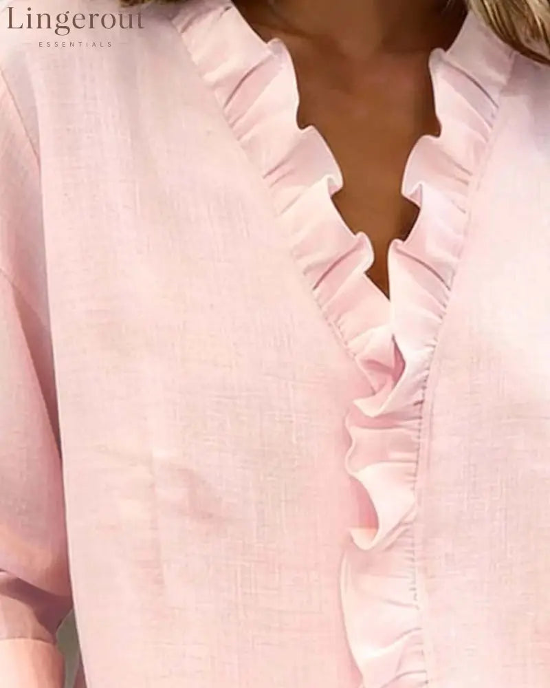 Ruffle V-Neck Long-Sleeve Blouse
