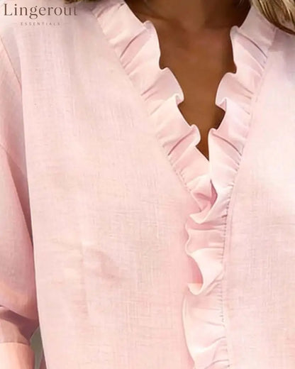 Ruffle V-Neck Long-Sleeve Blouse