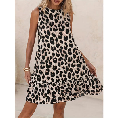 Robe sans manches à léopard avec ourlet froncé