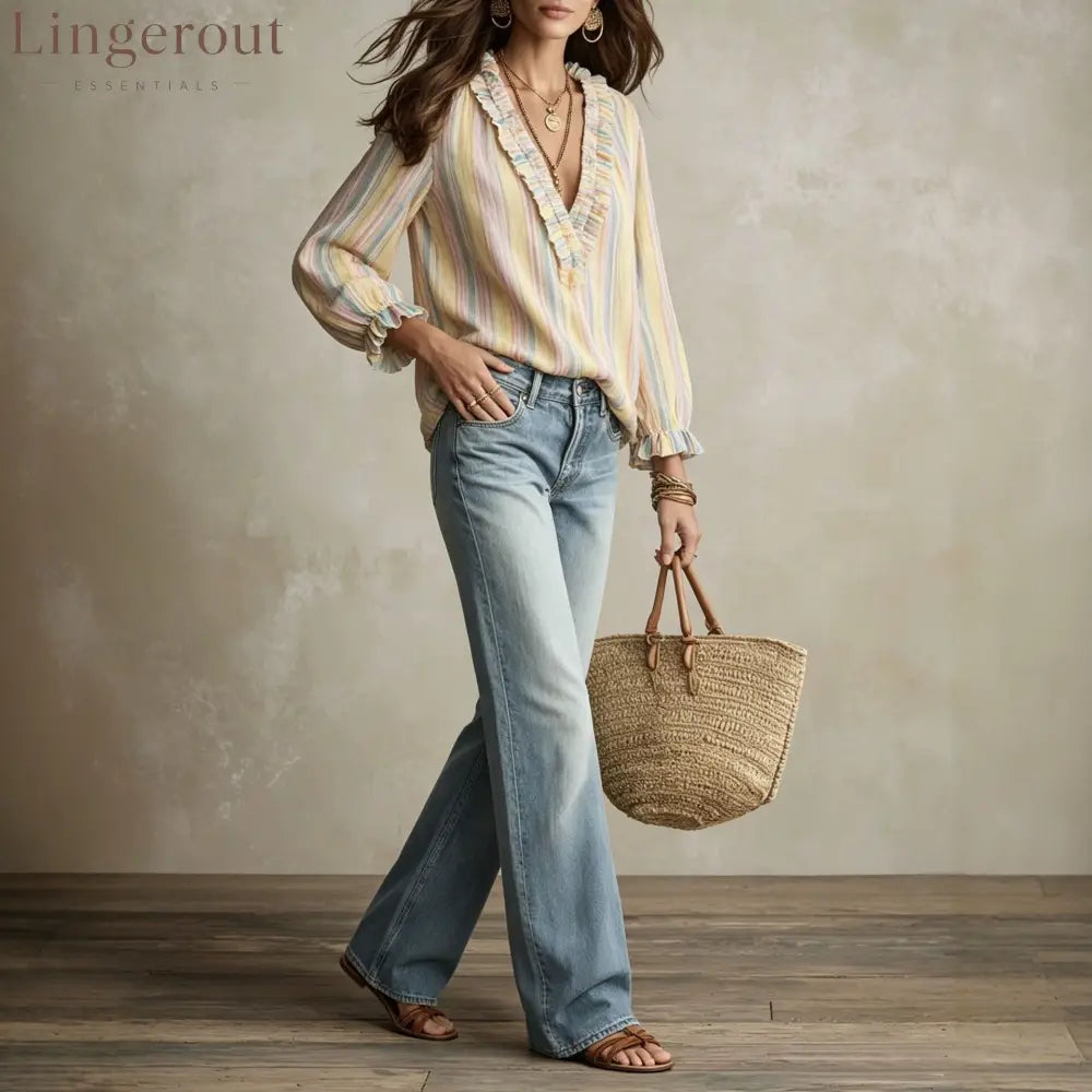 Ruffled V-Neck Striped Blouse