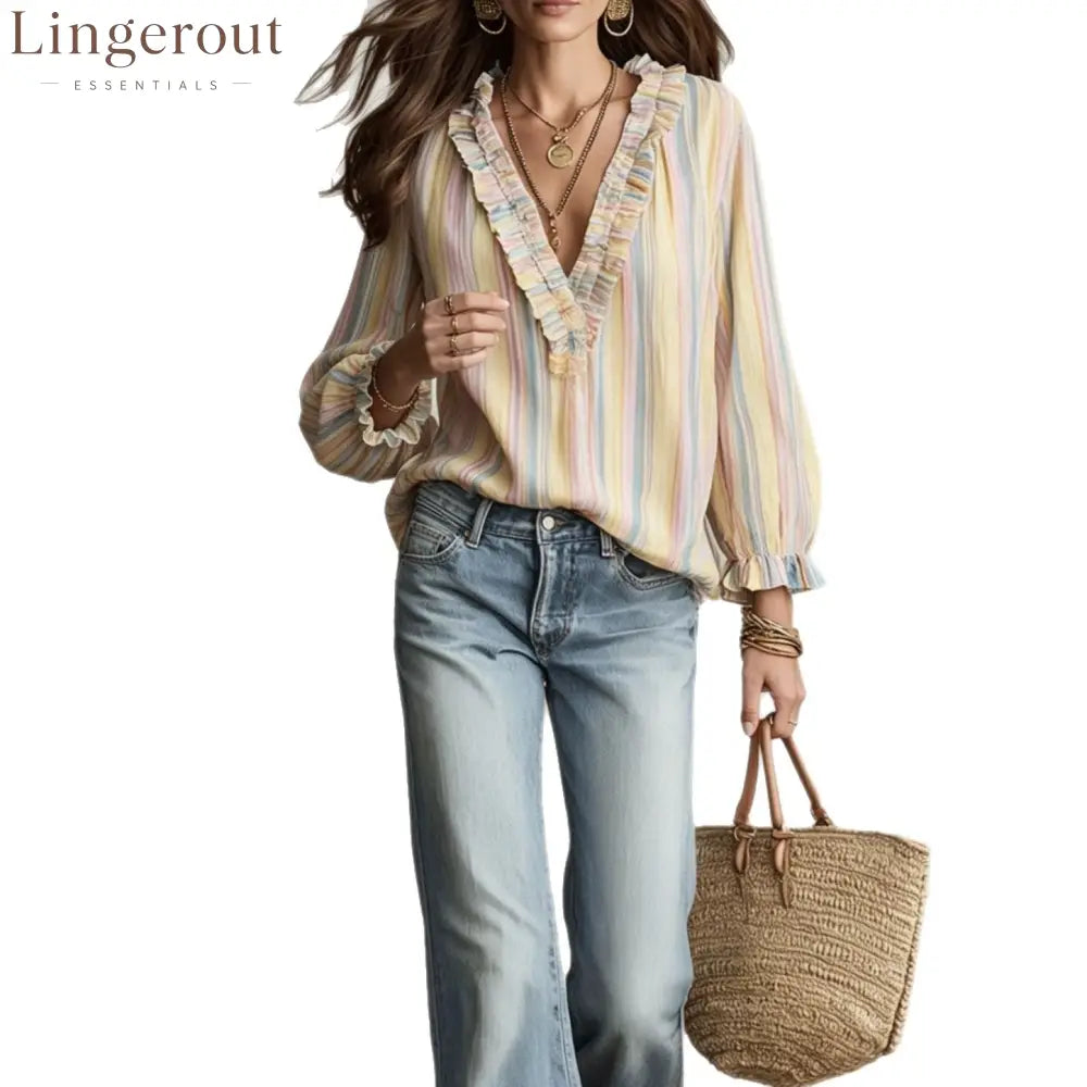 Ruffled V-Neck Striped Blouse
