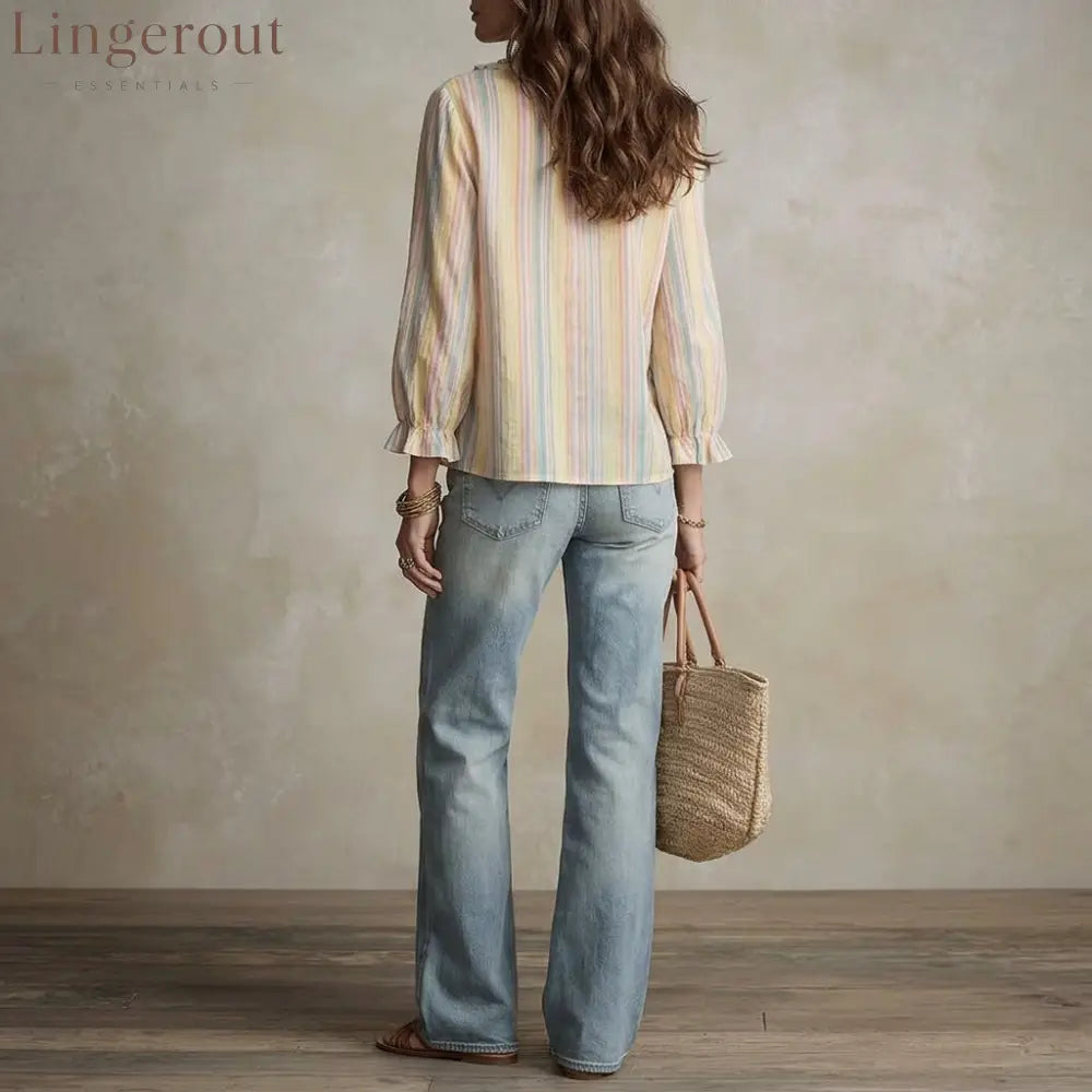 Ruffled V-Neck Striped Blouse