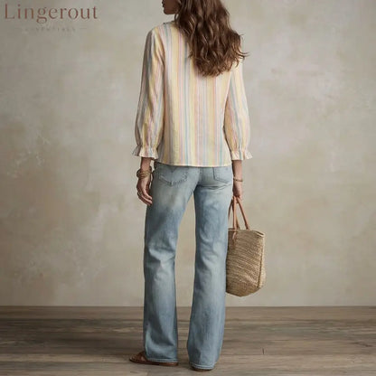 Ruffled V-Neck Striped Blouse