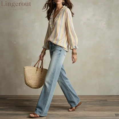 Ruffled V-Neck Striped Blouse