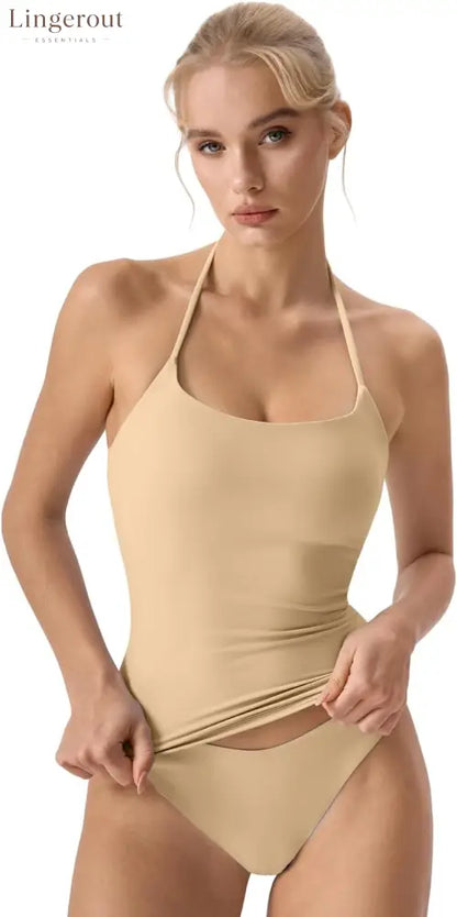 Self Tie Halter Neck Basic Shirts for Womens Double Lined Slimming Fit Going Out Sleeveless Tops - Large / Tan