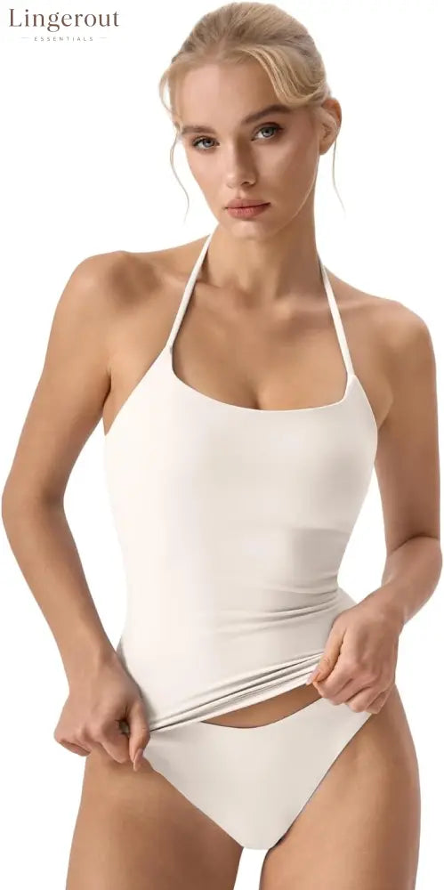 Self Tie Halter Neck Basic Shirts for Womens Double Lined Slimming Fit Going Out Sleeveless Tops - Small / Beige