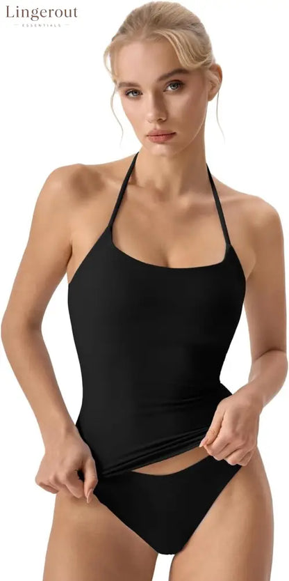 Self Tie Halter Neck Basic Shirts for Womens Double Lined Slimming Fit Going Out Sleeveless Tops - X-Small / Black