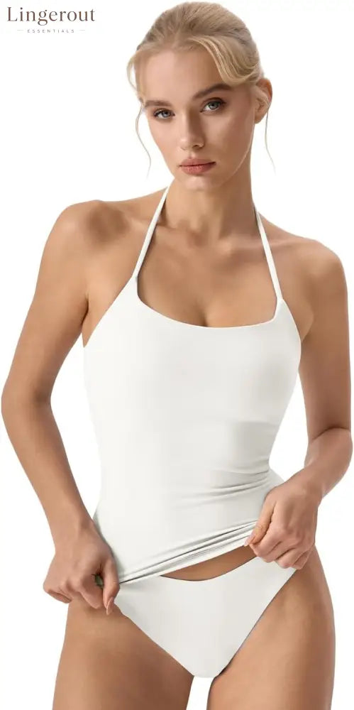 Self Tie Halter Neck Basic Shirts for Womens Double Lined Slimming Fit Going Out Sleeveless Tops - X-Small / Off-white
