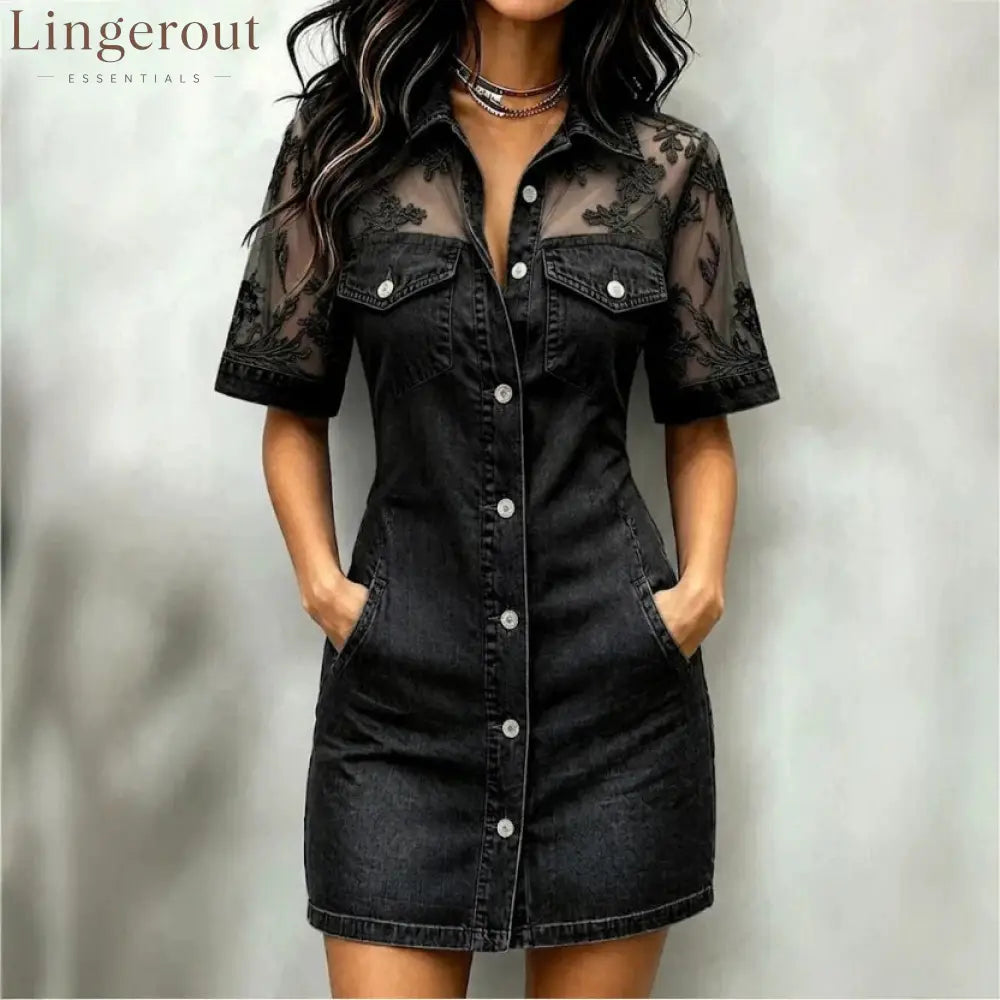Sheer Mesh Floral Embroidered Denim Mini Dress