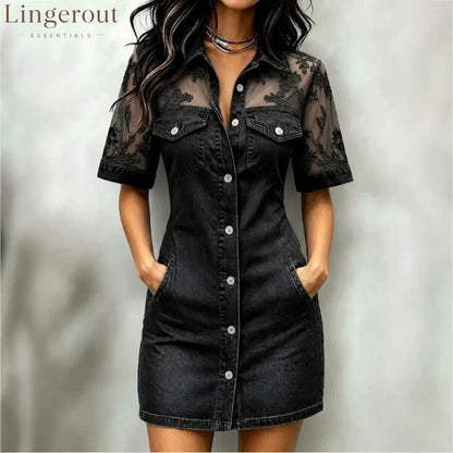 Sheer Mesh Floral Embroidered Denim Mini Dress