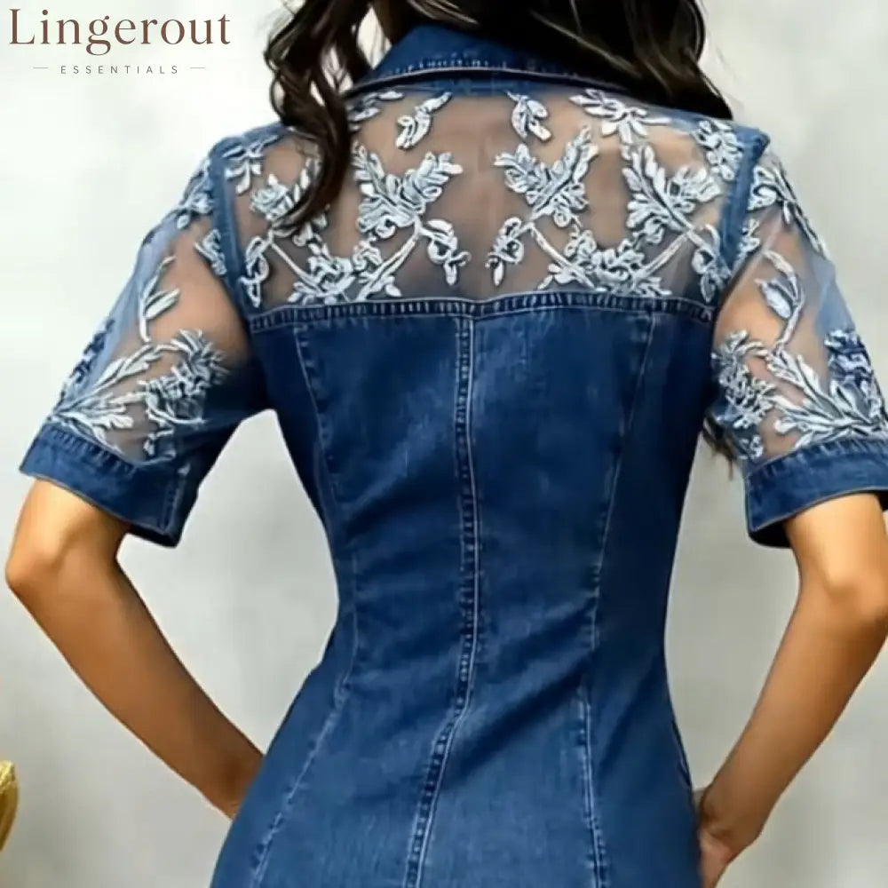 Sheer Mesh Floral Embroidered Denim Mini Dress
