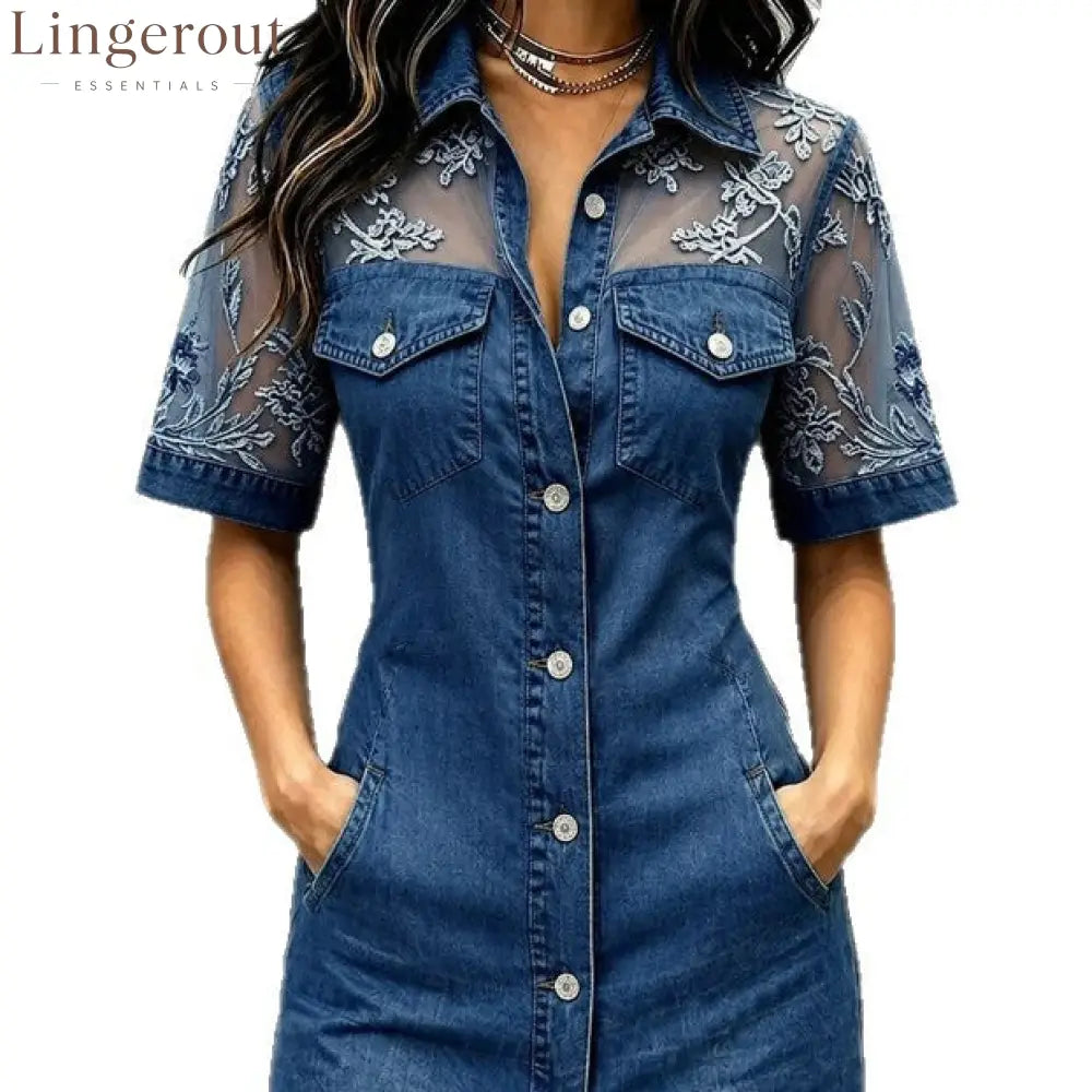 Sheer Mesh Floral Embroidered Denim Mini Dress
