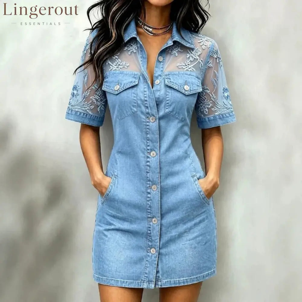 Sheer Mesh Floral Embroidered Denim Mini Dress