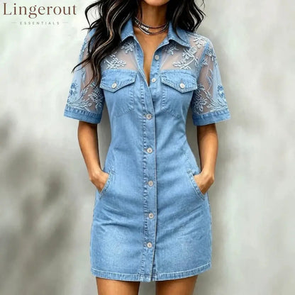 Sheer Mesh Floral Embroidered Denim Mini Dress