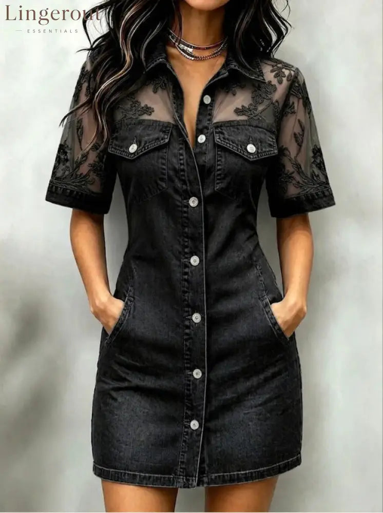 Sheer Mesh Floral Embroidered Denim Mini Dress - Black / S