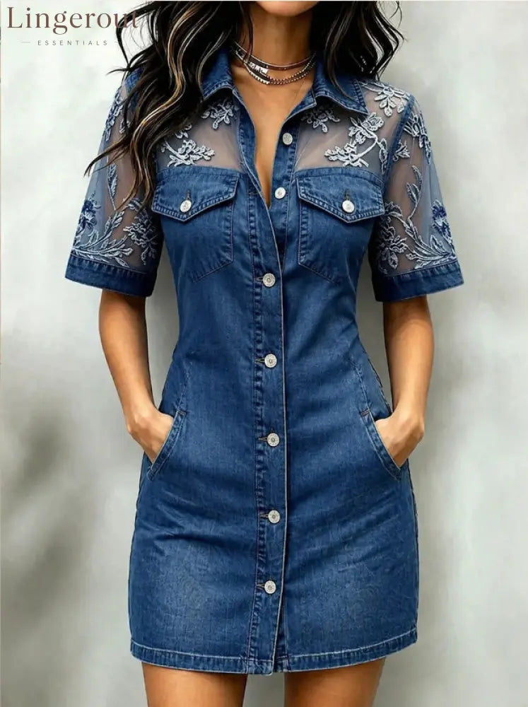Sheer Mesh Floral Embroidered Denim Mini Dress - Blue / S