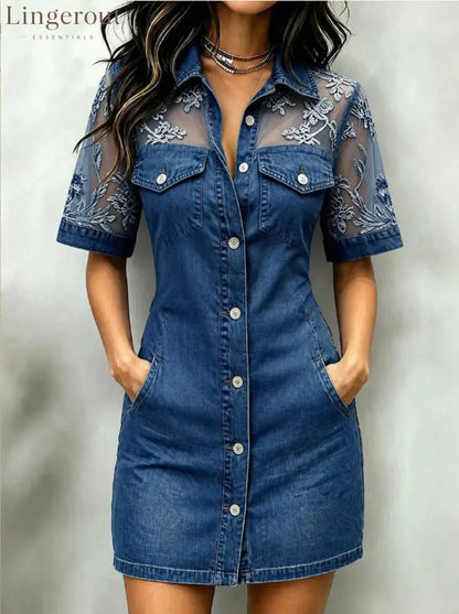 Sheer Mesh Floral Embroidered Denim Mini Dress - Blue / S
