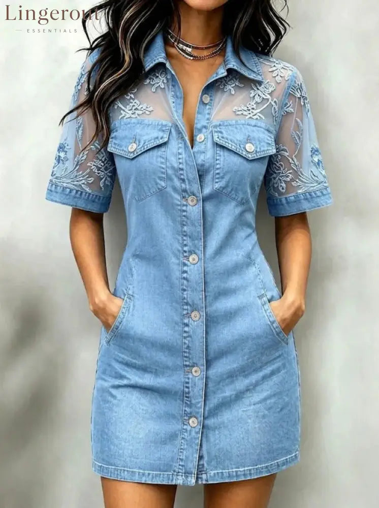 Sheer Mesh Floral Embroidered Denim Mini Dress - Sky blue / S