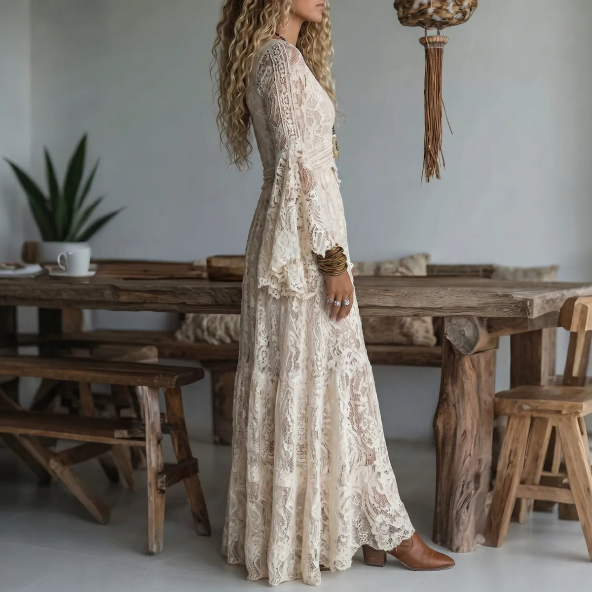 Lace Bell-Sleeve Maxi Dress