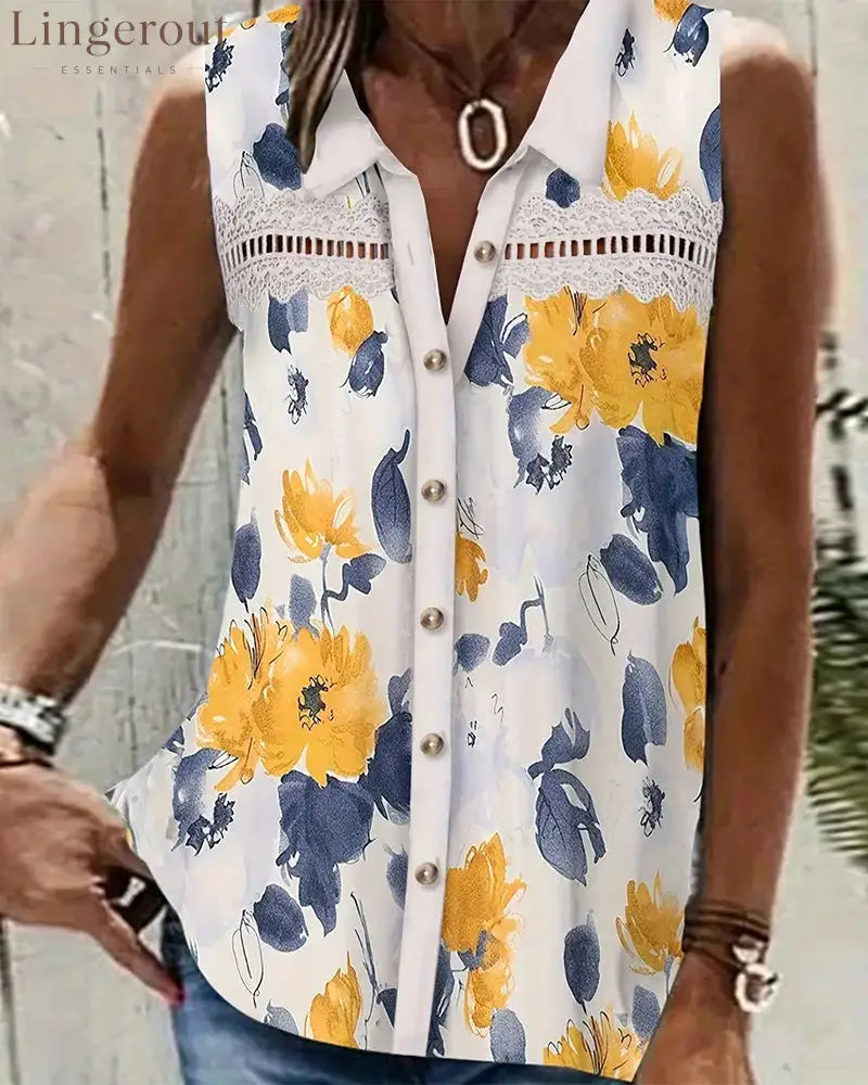 Sleeveless Lapel Printed Hollow Tank Top - Yellow / S