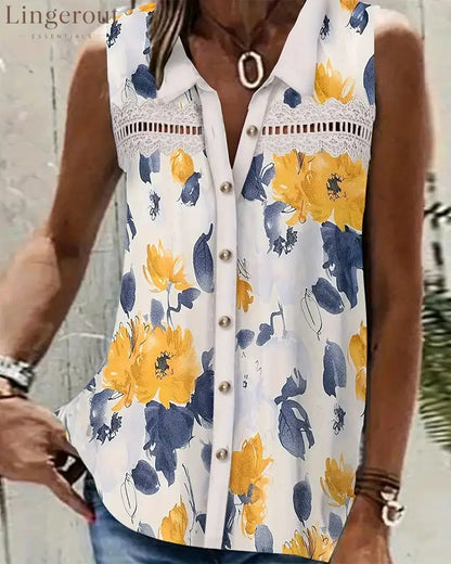 Sleeveless Lapel Printed Hollow Tank Top - Yellow / S