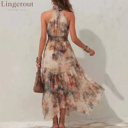 Sleeveless Vintage Watercolor Print Ruffled Flowy Vacation Dress