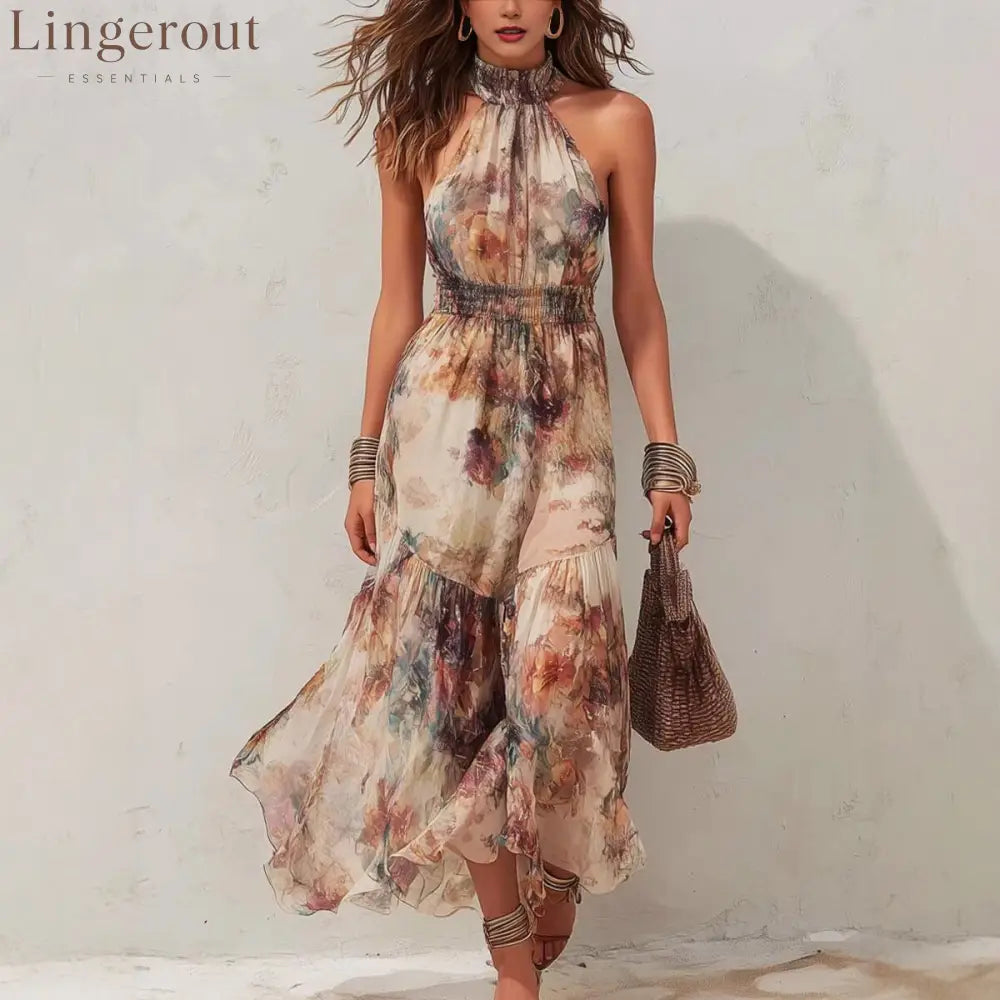 Sleeveless Vintage Watercolor Print Ruffled Flowy Vacation Dress