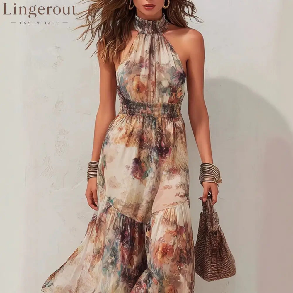 Sleeveless Vintage Watercolor Print Ruffled Flowy Vacation Dress