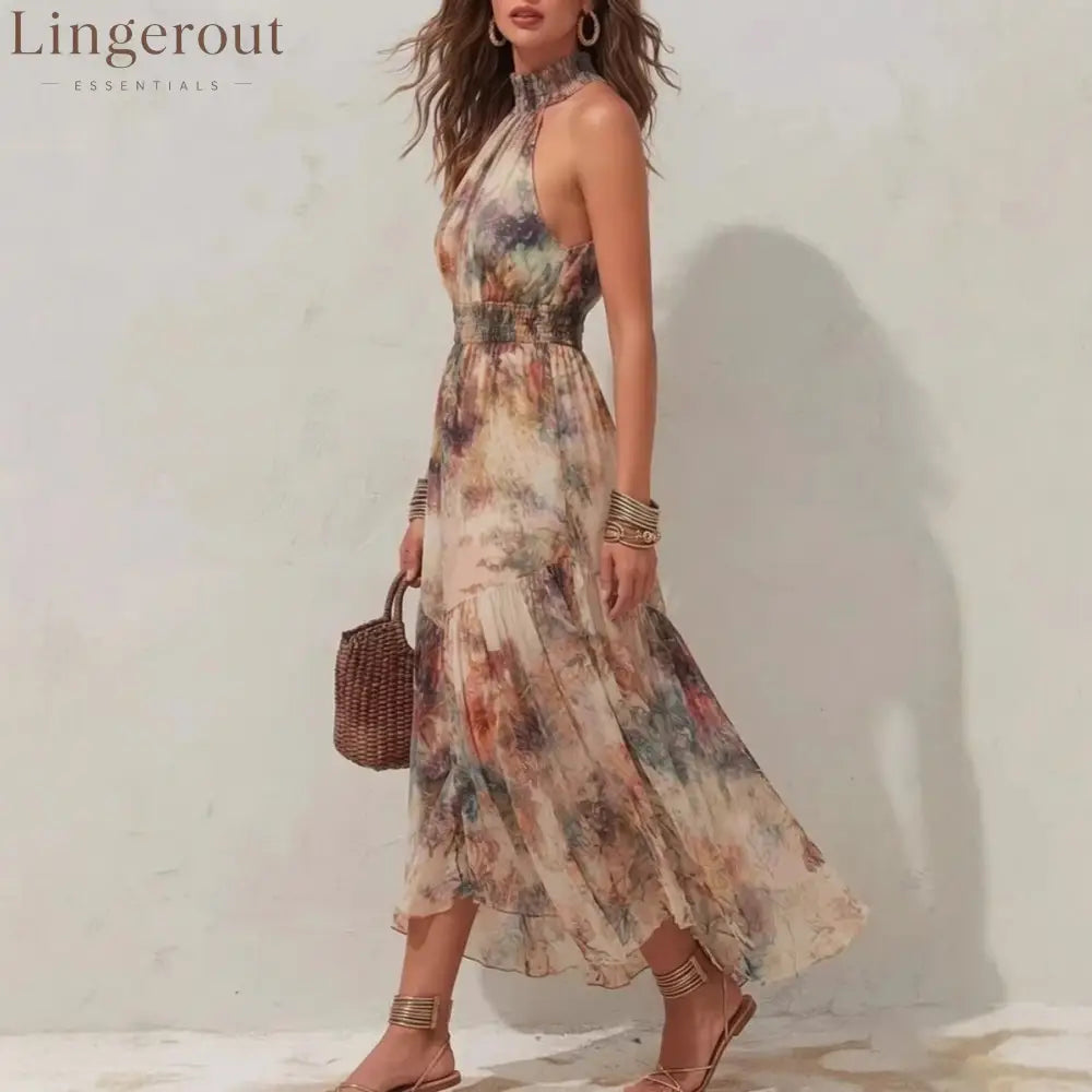 Sleeveless Vintage Watercolor Print Ruffled Flowy Vacation Dress
