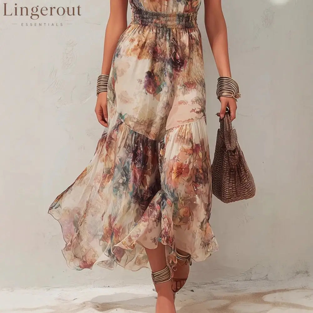 Sleeveless Vintage Watercolor Print Ruffled Flowy Vacation Dress