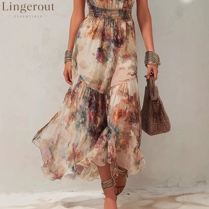 Sleeveless Vintage Watercolor Print Ruffled Flowy Vacation Dress