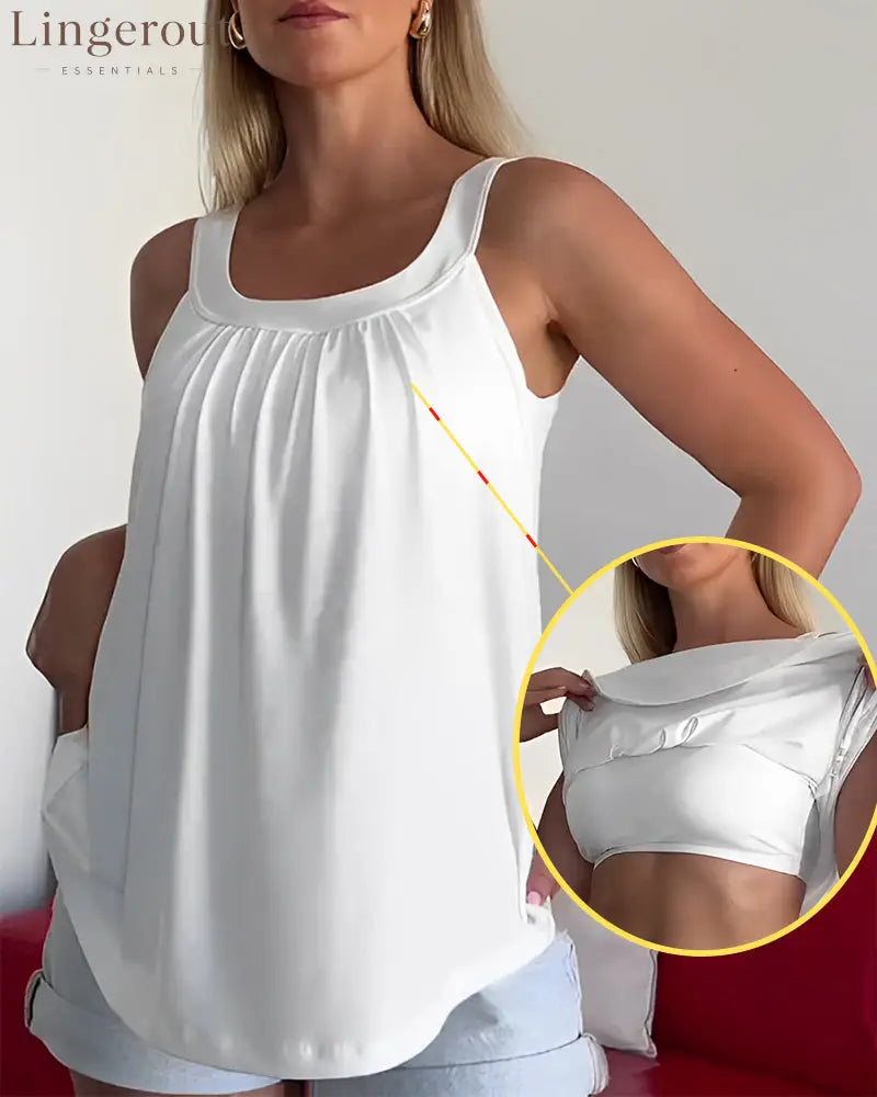 Solid Color Pleated Tank Top - White / S